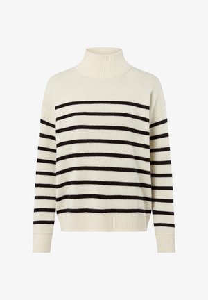 Cream striped sweater featuring a high ribbed collar, black horizontal stripes, and drop shoulder design, with ribbed cuffs and hem.