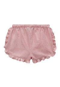Shorts rayés rouge et blanc avec un ourlet volants, taille élastique, tissu doux et coupe décontractée. Convient pour une tenue par temps chaud.