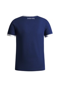 Camicia a maniche corte blu navy con colletto bianco e polsini bianchi, logo "Red Bull Racing" stampato vicino al collo sul retro.
