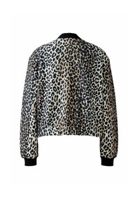 Leopardenmuster-Bomberjacke mit cropped Design, gerippten schwarzen Bündchen und Kragen sowie einem strukturierten Stoff in Beige- und Schwarztönen.