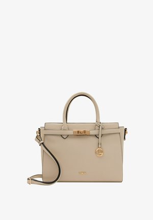 Borsa a mano in pelle beige con hardware dorato. Caratterizzata da doppie maniglie superiori, tracolla removibile e un accent del logo sulla parte anteriore.