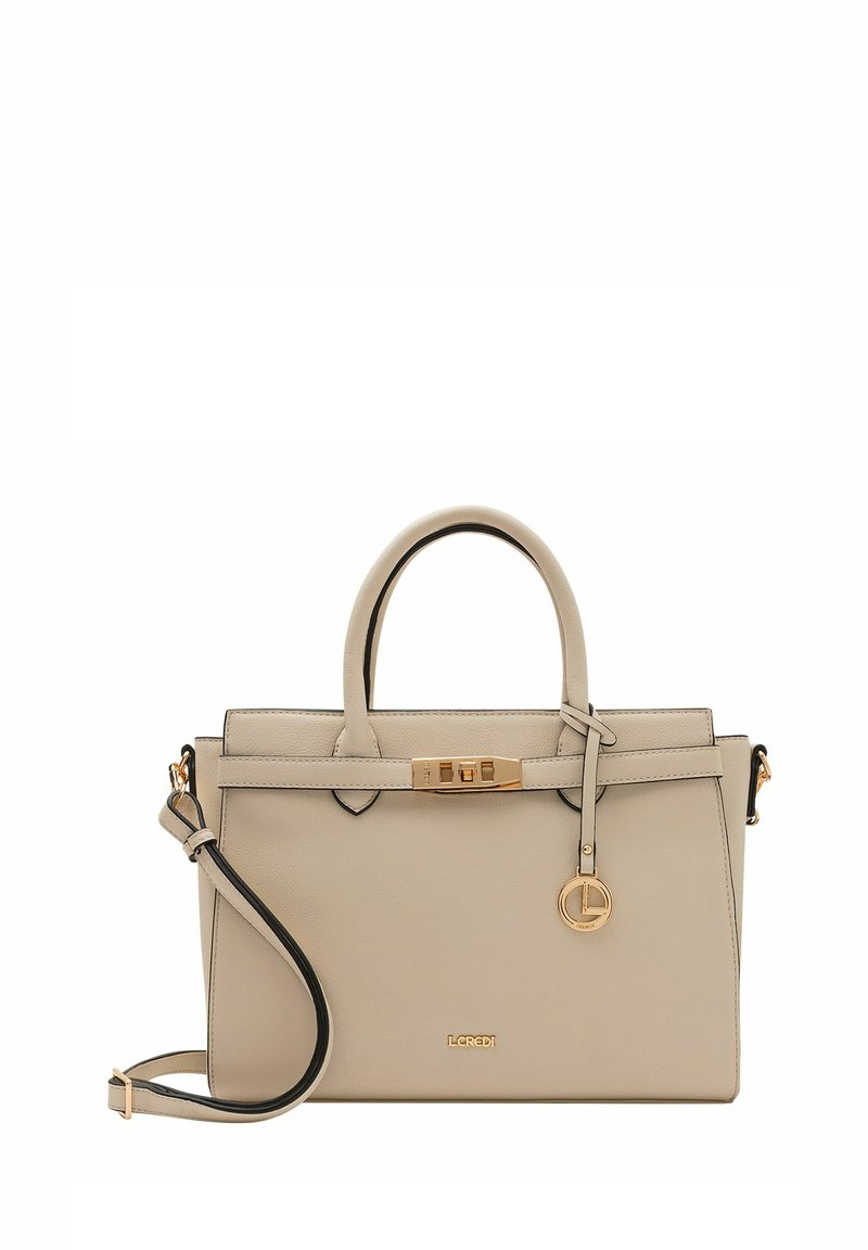Beige leren handtas met gouden hardware. Voorzien van dubbele bovenhandvatten, een verwijderbare schouderriem, en een logo-accent aan de voorkant.