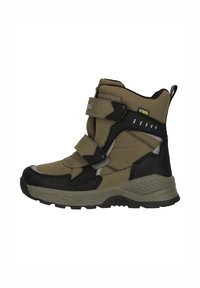 Bottes imperméables pour enfants en vert olive et noir. Dotées de deux bandes Velcro, d'un col rembourré et d'une semelle en caoutchouc texturée pour une meilleure adhérence.
