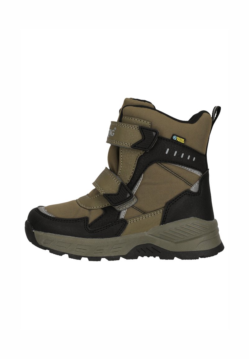 Bottes imperméables pour enfants en vert olive et noir. Dotées de deux bandes Velcro, d'un col rembourré et d'une semelle en caoutchouc texturée pour une meilleure adhérence.