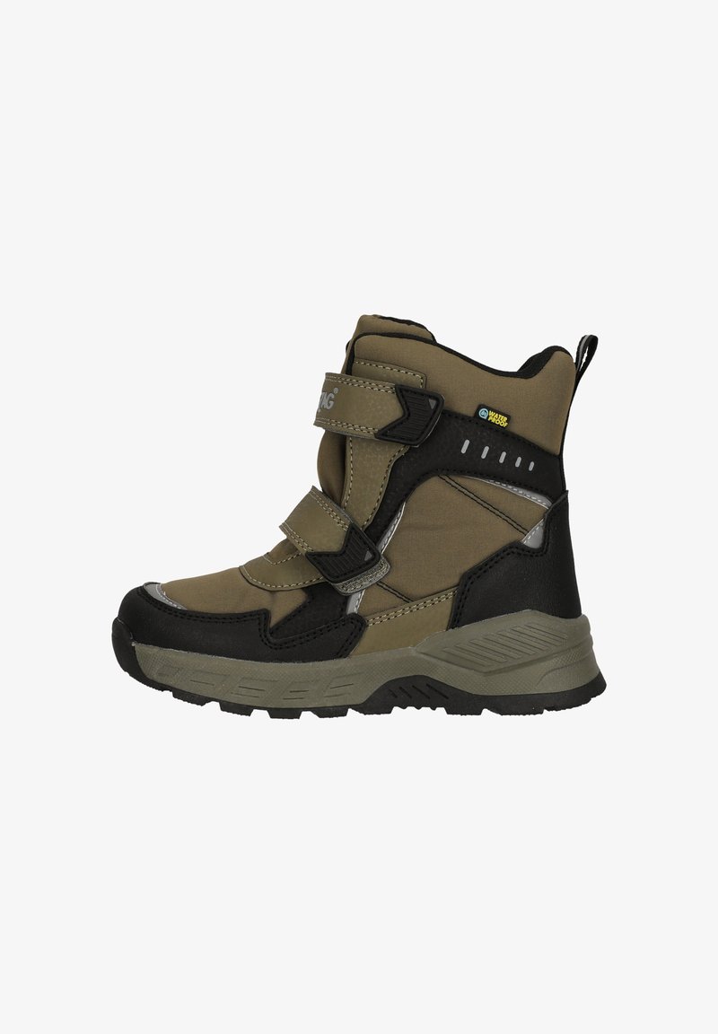 Bottes imperméables pour enfants en vert olive et noir. Dotées de deux bandes Velcro, d'un col rembourré et d'une semelle en caoutchouc texturée pour une meilleure adhérence.