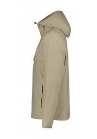Veste imperméable beige avec capuche, dotée d'une poche avant à rabat, de poches latérales zippées et de poignets élastiques pour un ajustement sécurisé.