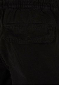 Gros plan sur un pantalon en tissu noir montrant une poche arrière avec un rabat et une taille élastique.