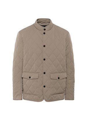 Wattierte beige Jacke mit Stehkragen, ausgestattet mit schwarzen Knöpfen, zwei Fronttaschen und einem strukturierten Rautenmuster.