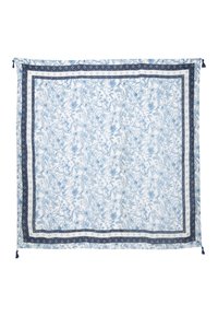 Šal s cvjetnim uzorkom u plavoj i bijeloj boji. Ima tamnoplavu obrub s geometrijskim uzorkom. Završava s rese na dva ugla.