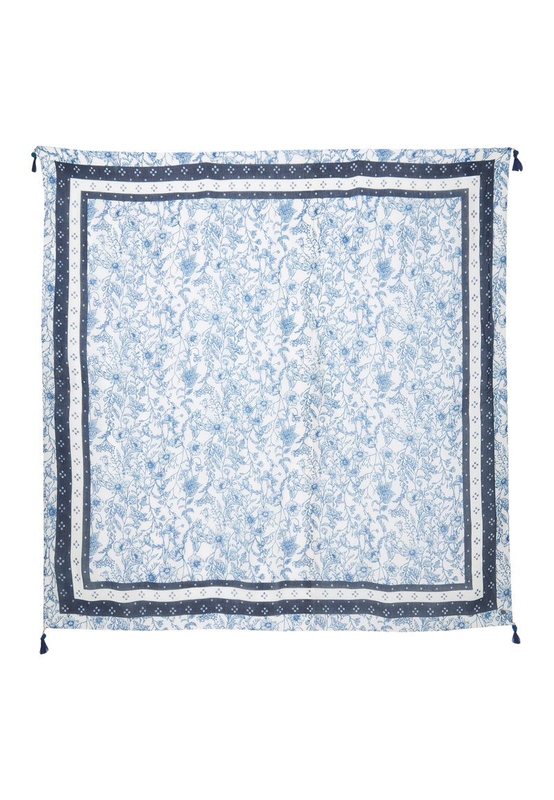 Šal s cvjetnim uzorkom u plavoj i bijeloj boji. Ima tamnoplavu obrub s geometrijskim uzorkom. Završava s rese na dva ugla.