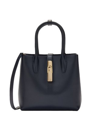 Zwarte lederen handtas met twee handvatten, afneembare schouderriem en centrale goudkleurige sluiting.