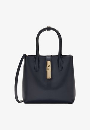 Zwarte lederen handtas met twee handvatten, afneembare schouderriem en centrale goudkleurige sluiting.