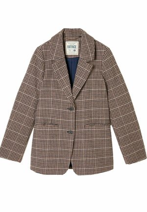 Brown and beige checked blazer with a notched collar, two front pockets, and two buttons. Soft fabric with a structured fit, fully lined.