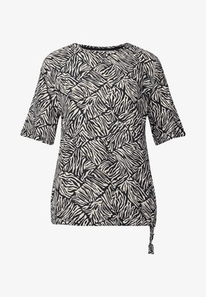 Krótki rękaw top wykonany z lekkiego materiału, z czarno-białym nadrukiem zebry, z marszczonym detalem po boku i luźnym krojem.