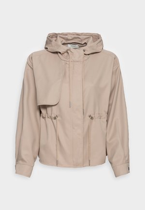Beige, leichte Jacke mit Kapuze, Kordelzug in der Taille und Reißverschluss vorne. Verfügt über eine Klappe und zwei Vorderaschen. Glatte, matte Textur.