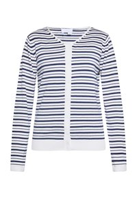 Cardigan rayé bleumarin și alb, fabricat dintr-un material tricotat, cu mâneci lungi, închidere cu nasturi și manșete și tiv cu model côtelé.