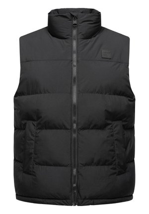 Svart pufferväst med hög krage, framdragkedja och två sidofickor. Tillverkad av quiltat tyg med en slät textur.