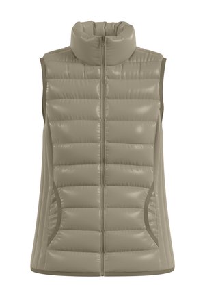 Ärmellose, taubfarbene Steppweste mit Frontreißverschluss, hohem Kragen und Seitentaschen, entworfen für Wärme und leichtes Tragegefühl.