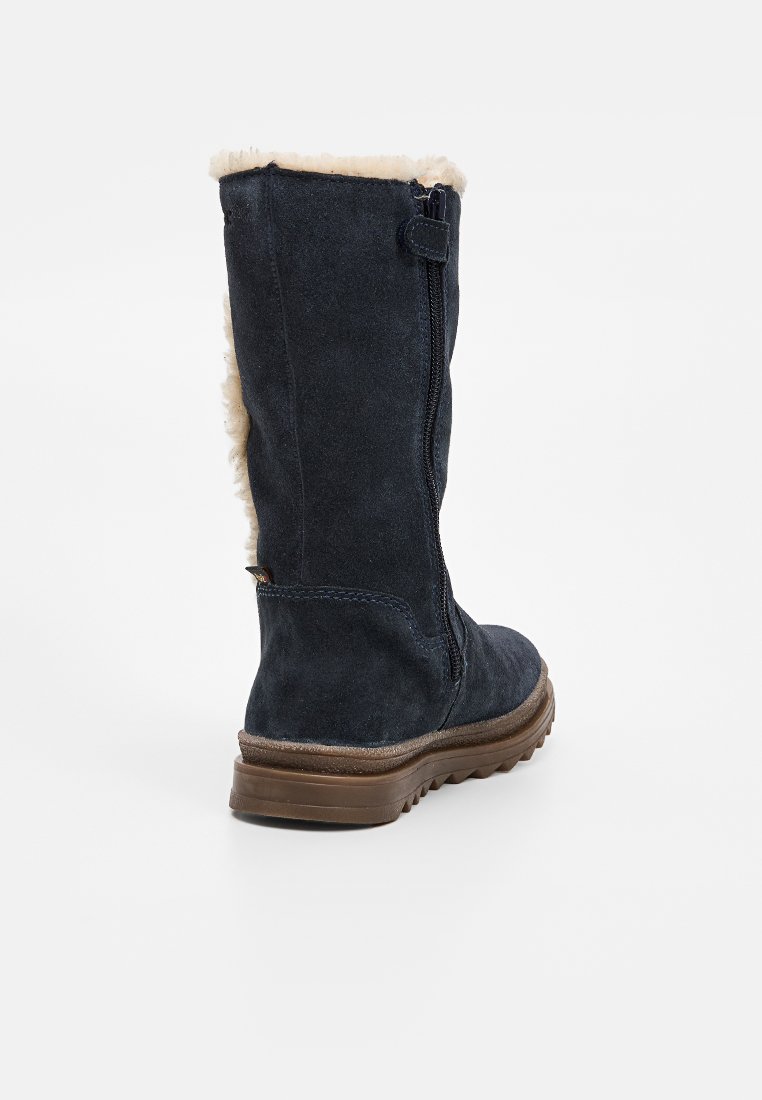 Marineblaue Wildleder-Stiefel bis zum Knie mit einem flauschigen beigen Futter, seitlichem Reißverschluss als Verschluss und einer strukturierten braunen Gummisohle.