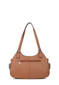 Borsa a tracolla in pelle marrone con forma curva, singolo manico, tasca frontale con zip e dettagli di cucitura sottili. Texture liscia.