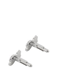 Butoni de argint cu un design detaliat, prezentând o suprafață lustruită, rotunjită și un pin de fixare.