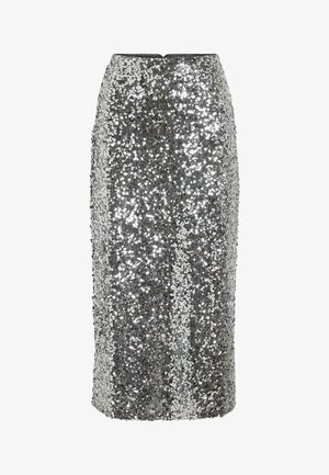 Saia lápis prateada com lantejoulas, design justo, comprimento até ao joelho e textura suave. Apresenta um fecho de correr oculto na parte de trás.
