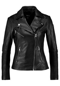 Black leather motorcycle jacket with a tailored fit, featuring angled zippers, a notched collar, and streamlined sleeves. Smooth texture with minimal embellishments.