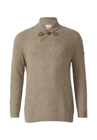 Gebreide trui in beige met een verhoogd diamantpatroon, voorzien van een hoge kraag, twee sluitingen met touwtjes en geribde manchetten en zoom.