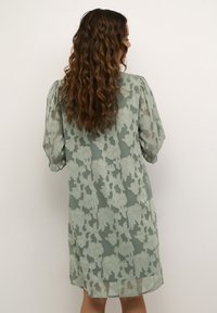 Genomskinlig grön klänning med blommönsterbroderi, korta puffärmar och en lös passform, med en knä-lång fåll.