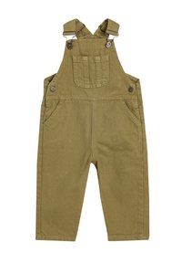 Pantalones de trabajo color caqui hechos de una tela de algodón duradera. Presenta tirantes ajustables, un bolsillo frontal y dos bolsillos laterales. Diseño de pierna recta.