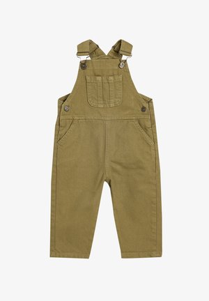 Khaki Latzhose aus strapazierfähigem Baumwollstoff. Verfügt über verstellbare Träger, eine Fronttasche und zwei Seitentaschen. Gerade Beinform.