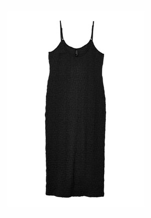 Abito nero senza maniche con spalline sottili, tessuto testurizzato, vestibilità ampia, lunghezza al ginocchio. Design semplice senza motivi o dettagli visibili.