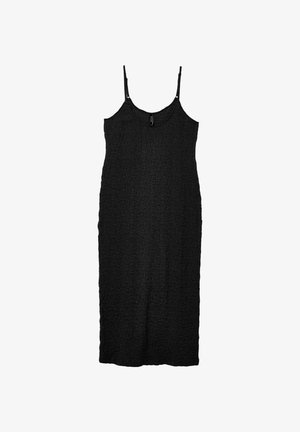 Abito nero senza maniche con spalline sottili, tessuto testurizzato, vestibilità ampia, lunghezza al ginocchio. Design semplice senza motivi o dettagli visibili.