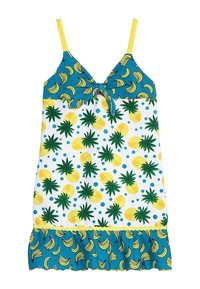 Vestito senza maniche con corpetto turchese decorato con banane gialle. Gonna bianca con motivi di ananas e foglie verdi, rifinita con un orlo arricciato.