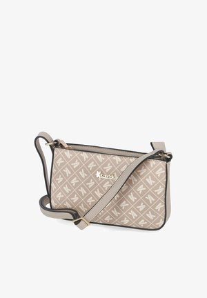 Beżowa torba na ramię z powtarzającym się wzorem "K", regulowanym paskiem, zamkiem błyskawicznym i małym złotym logo "Kaerlek" z przodu.