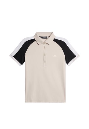 Polo beige con maniche raglan nere e bianche, design con colletto, chiusura a tre bottoni e piccolo logo sul petto. Tessuto morbido.