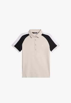 Beige polo shirt met zwart-witte raglanmouwen, kraagontwerp, drieknopenlijst en klein logo op de borst. Soepele stof.