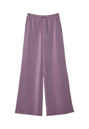 Pantalons de survêtement à jambes larges en tissu lavande avec une taille élastique, un cordon de serrage et deux poches latérales. Texture lisse avec des coutures minimales.