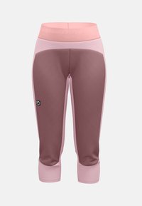 Pink and mauve cropped leggings with a high waistband featuring "Ortovox" text pattern and a small logo on the left thigh.