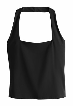 Schwarzes ärmelloses Neckholder-Top mit quadratischem Ausschnitt und offenem Rücken, taillierte Passform, aus glattem Stoff gefertigt.