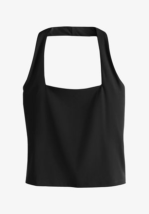 Schwarzes ärmelloses Neckholder-Top mit quadratischem Ausschnitt und offenem Rücken, taillierte Passform, aus glattem Stoff gefertigt.