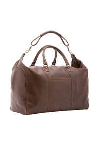 Bruine leren reistas met dubbele handvatten aan de bovenkant, zijvak en verstelbare schouderband. Voorzien van contrasterende stiksels en een gladde textuur.