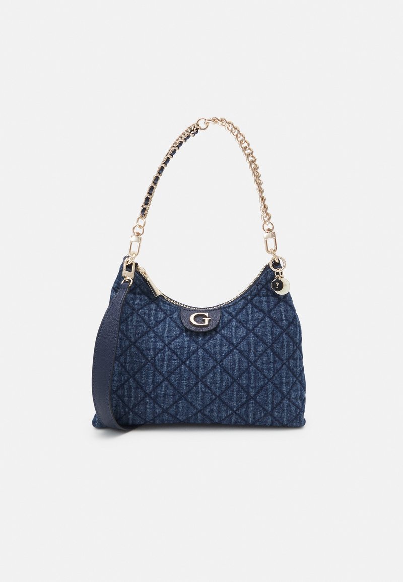 Navy quilted fabric handbag with a chain and leather strap, featuring a gold logo accent and zip closure. Smooth texture, curved shape.