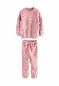 Rosa fluffigt loungewear-set som består av en sweatshirt med långa ärmar och fjärils mönster, ihop med matchande byxor. Mjuk textur hela vägen.