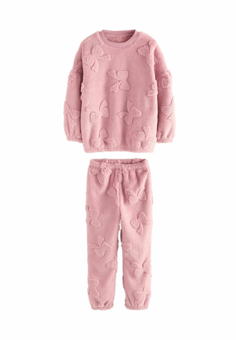 Rosa fluffigt loungewear-set som består av en sweatshirt med långa ärmar och fjärils mönster, ihop med matchande byxor. Mjuk textur hela vägen.