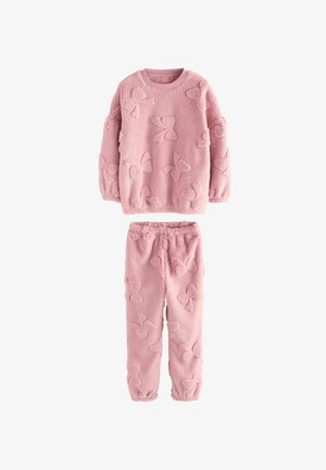 Blødt lyserødt fleece sæt med langærmet top og bukser, med præget sommerfuglemønster og elastiske manchetter på ærmer og bukseben.