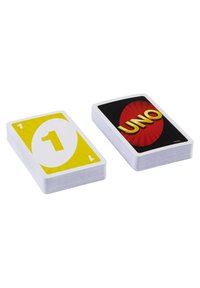 Two decks of UNO cards: one with a yellow design featuring a large "1," and the other with a black background and red circle displaying "UNO."