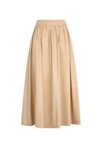 Gonna beige di lunghezza fino al ginocchio realizzata in tessuto leggero. Presenta un design plissettato e una vita elasticizzata con un bottone decorativo sul lato.