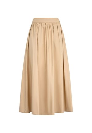 Gonna beige di lunghezza fino al ginocchio realizzata in tessuto leggero. Presenta un design plissettato e una vita elasticizzata con un bottone decorativo sul lato.