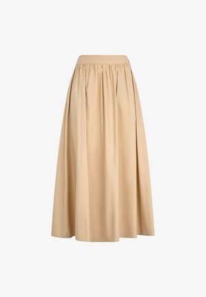 Gonna beige di lunghezza fino al ginocchio realizzata in tessuto leggero. Presenta un design plissettato e una vita elasticizzata con un bottone decorativo sul lato.